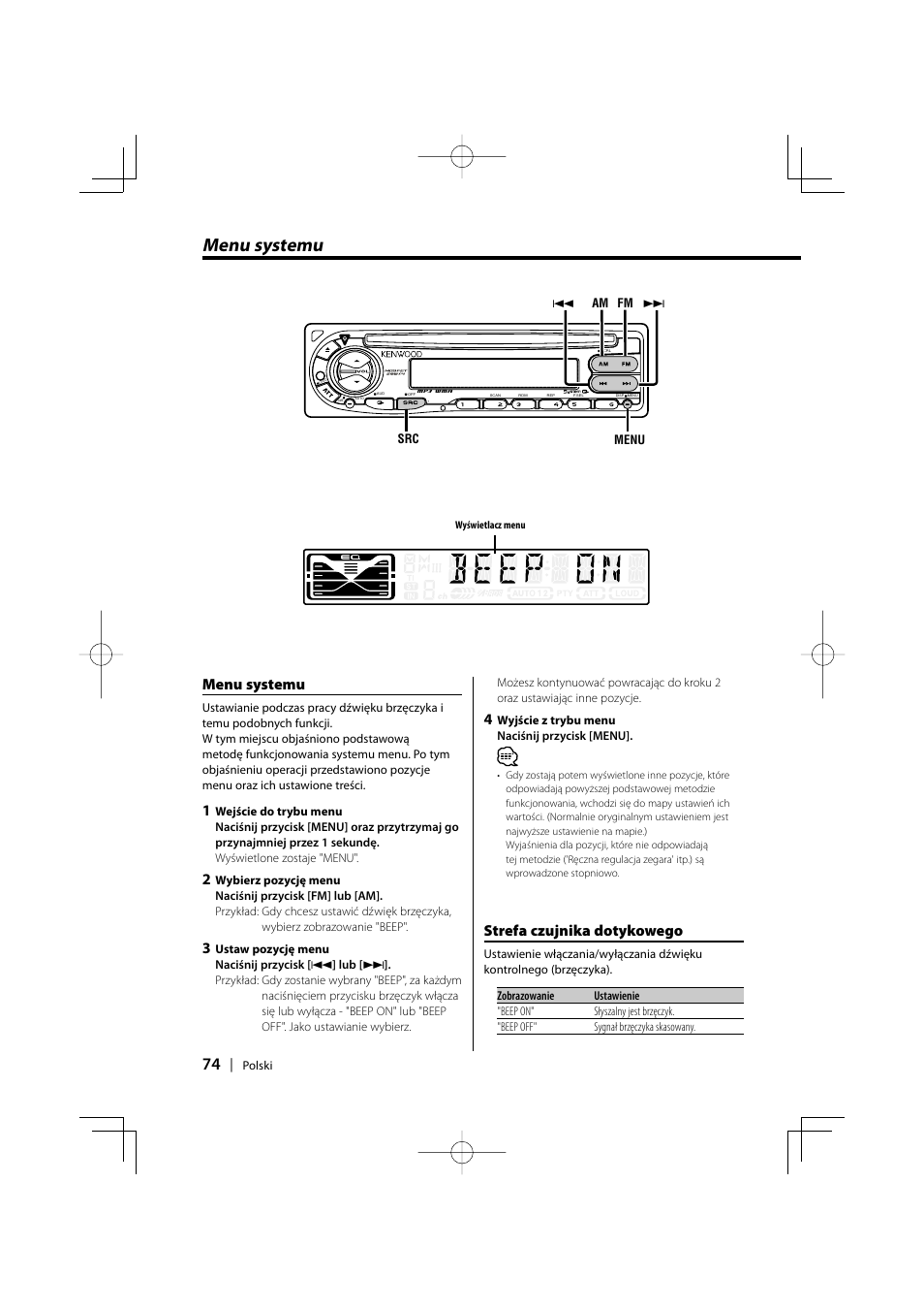 Menu systemu, Strefa czujnika dotykowego | Kenwood KDC-W427 User Manual | Page 74 / 88