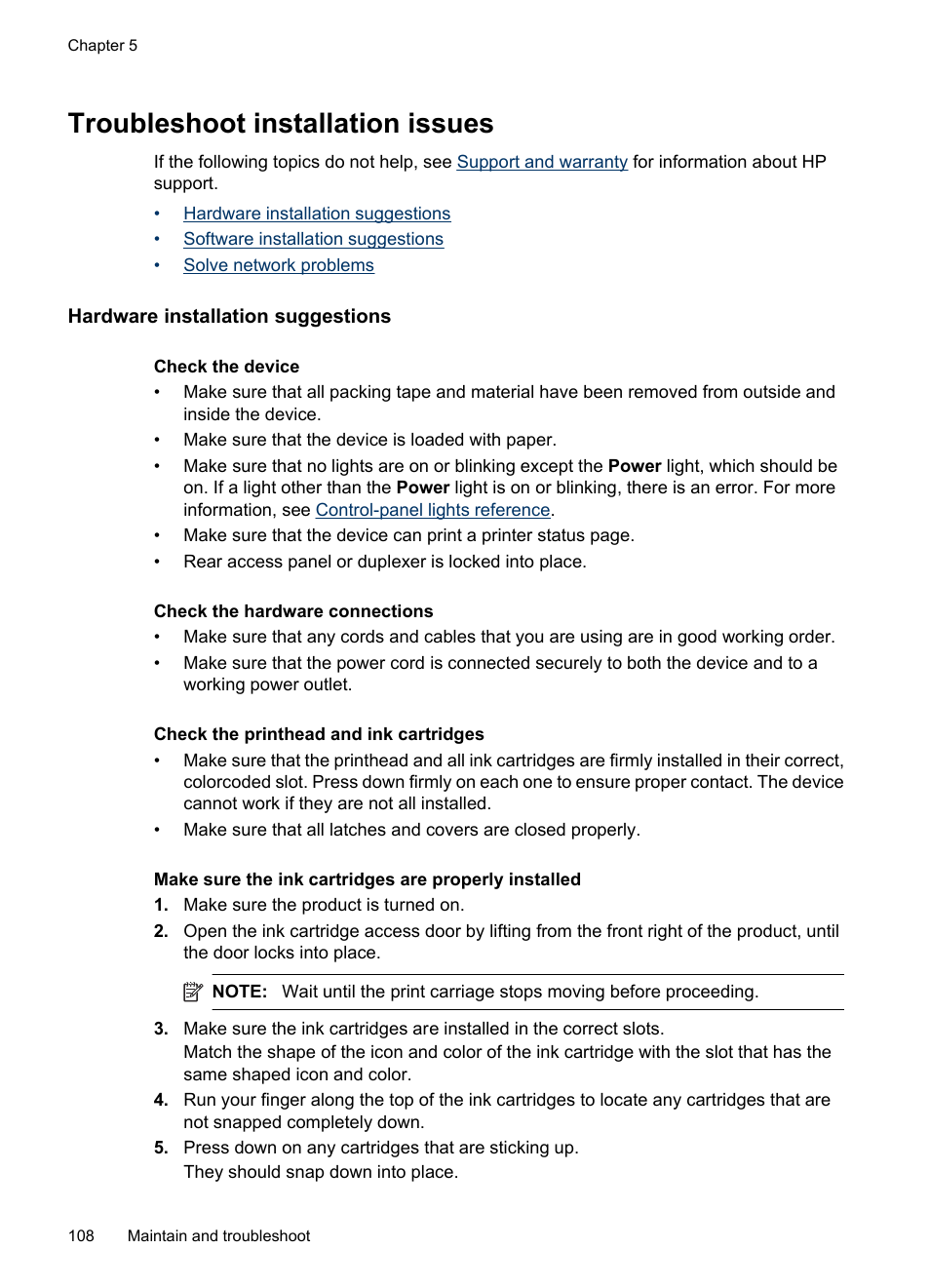 Troubleshoot installation issues, Hardware installation suggestions | HP Officejet 6000 User Manual | Page 112 / 168