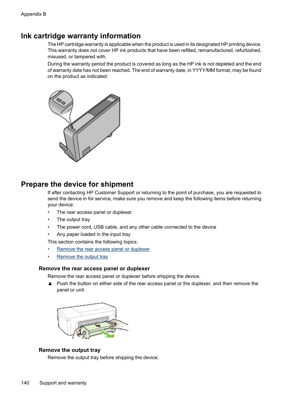 Ink cartridge warranty information, Prepare the device for shipment, Remove the rear access panel or duplexer | Remove the output tray | HP Officejet 6000 User Manual | Page 144 / 168