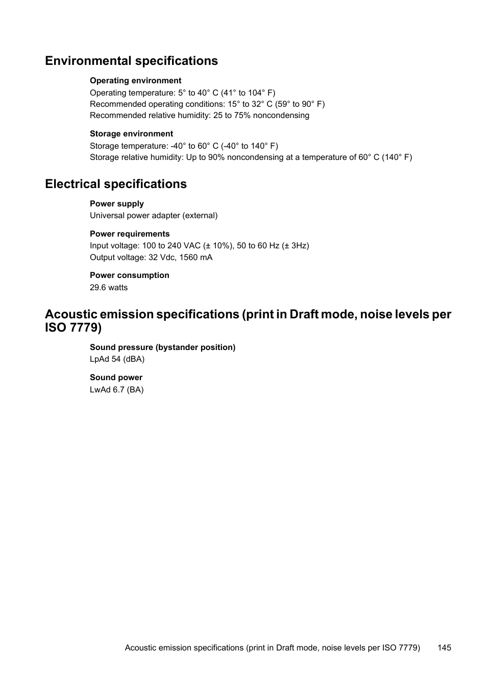 Environmental specifications, Electrical specifications, Electrical | Specifications | HP Officejet 6000 User Manual | Page 149 / 168