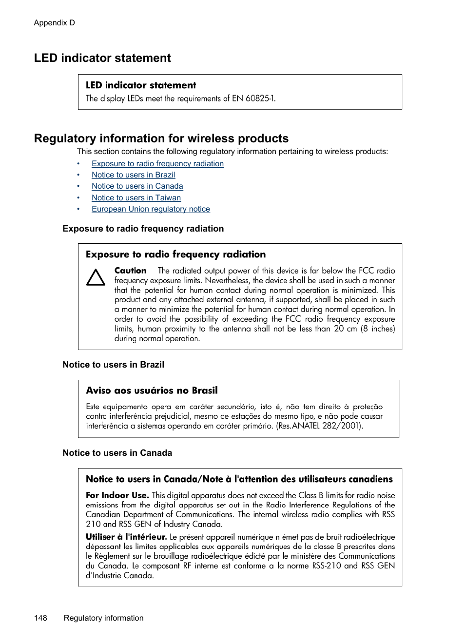 Led indicator statement, Regulatory information for wireless products, Exposure to radio frequency radiation | Notice to users in brazil, Notice to users in canada | HP Officejet 6000 User Manual | Page 152 / 168