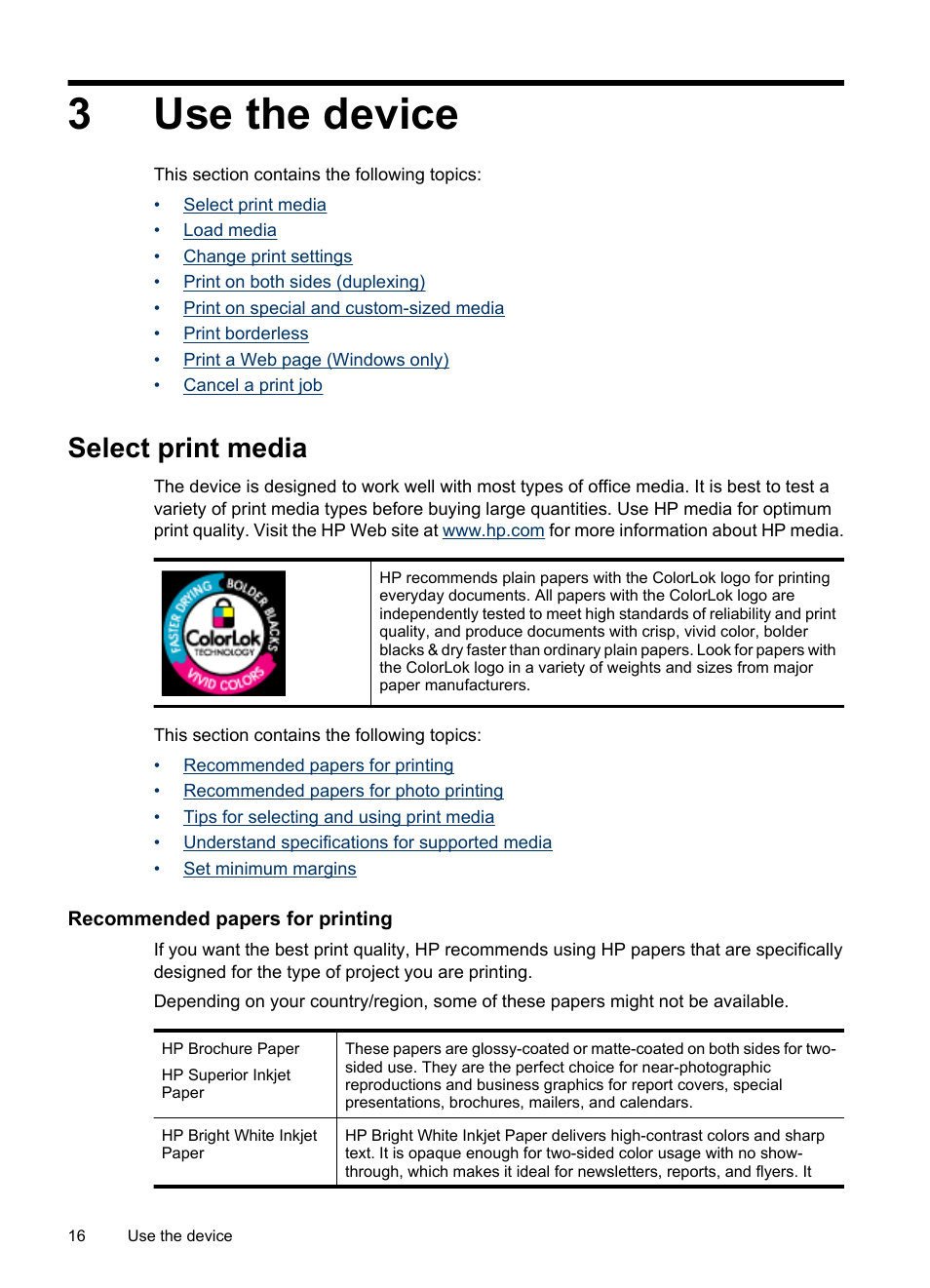 Use the device, Select print media, Recommended papers for printing | 3 use the device, Set minimum margins, 3use the device | HP Officejet 6000 User Manual | Page 20 / 168