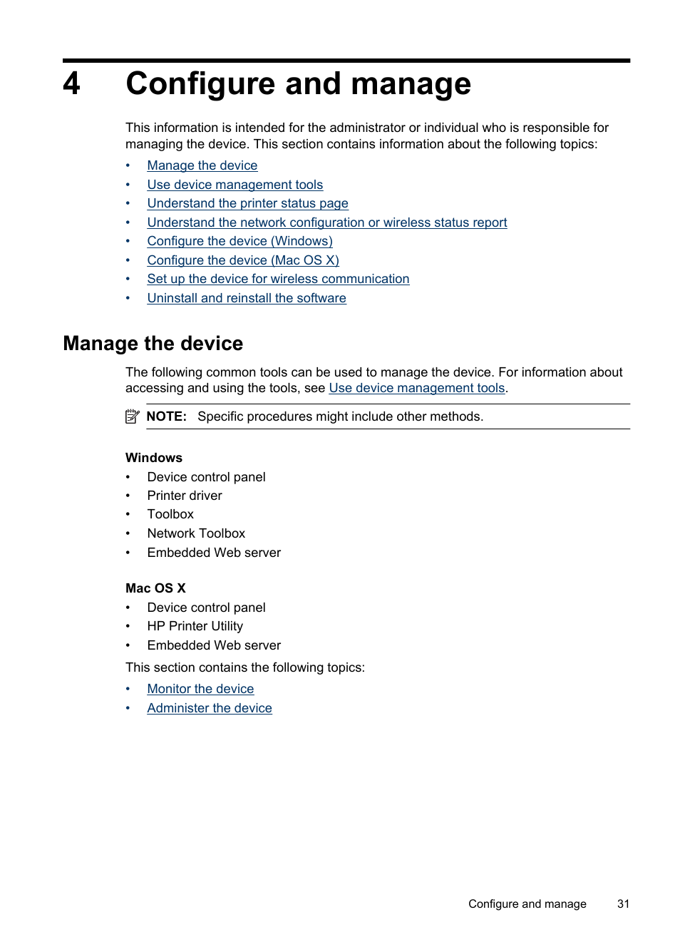 Configure and manage, Manage the device, 4 configure and manage | Monitor the device administer the device, 4configure and manage | HP Officejet 6000 User Manual | Page 35 / 168