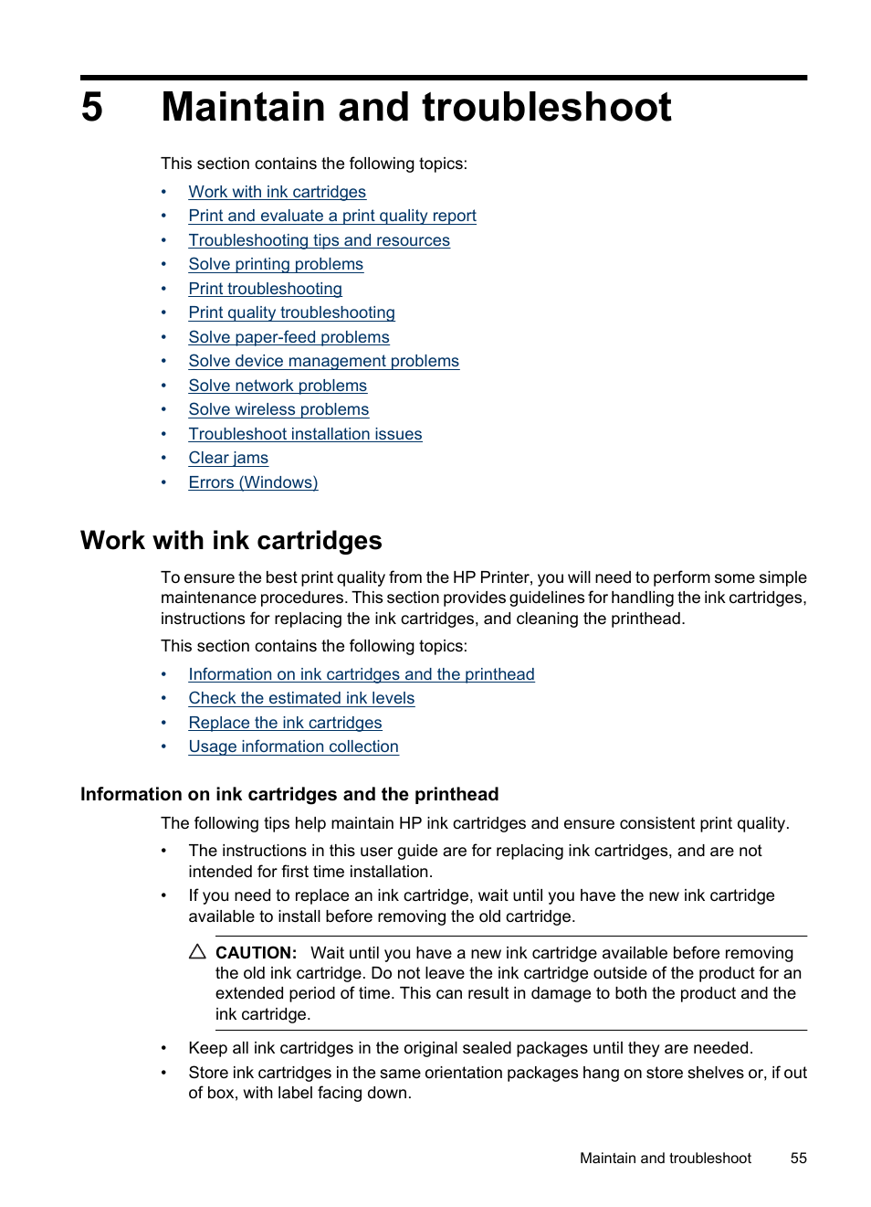 Maintain and troubleshoot, Work with ink cartridges, Information on ink cartridges and the printhead | 5 maintain and troubleshoot, 5maintain and troubleshoot | HP Officejet 6000 User Manual | Page 59 / 168