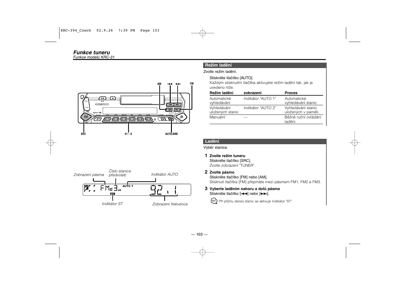 Funkce tuneru (krc-31) | Kenwood KRC-31 User Manual | Page 103 / 122