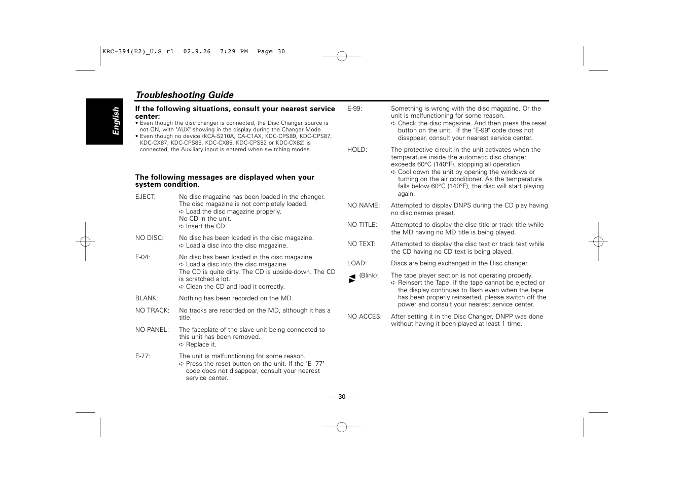 Troubleshooting guide | Kenwood KRC-31 User Manual | Page 30 / 122