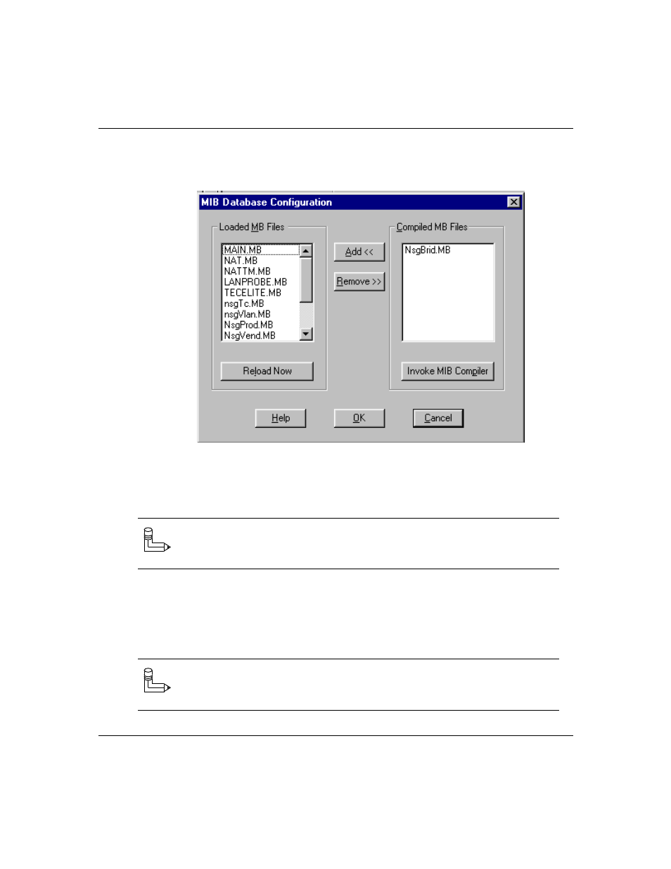 Click on the menu bar labelled “tools”, then cl, Figure61. mib compiler, Click on “invoke mib compiler”, select the priv | From the “compiled mb files”list, select the mi, After all mibs have been added, click on “reloa, Figure 6-1, Mib compiler -8 | Hitachi US7070447-001 User Manual | Page 46 / 98