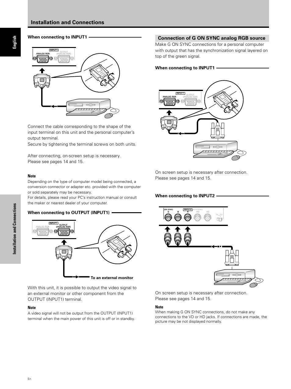 Installation and connections, Connection of g on sync analog rgb source, English installation and connections | When connecting to input1, When connecting to output (input1) | Hitachi CMP5000WXU User Manual | Page 18 / 40