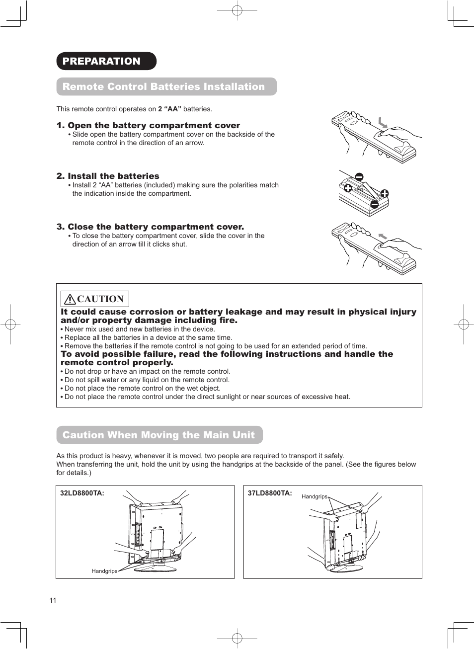Caution when moving the main unit, Preparation remote control batteries installation, Caution | Hitachi 32LD8800TA User Manual | Page 14 / 63
