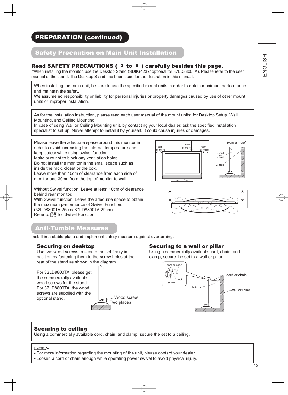 Qr65422_01_eng_12-24_05110801.pdf, Anti-tumble measures, English | Read safety precautions, Carefully besides this page, Securing to a wall or pillar, Securing on desktop, Securing to ceiling | Hitachi 32LD8800TA User Manual | Page 15 / 63