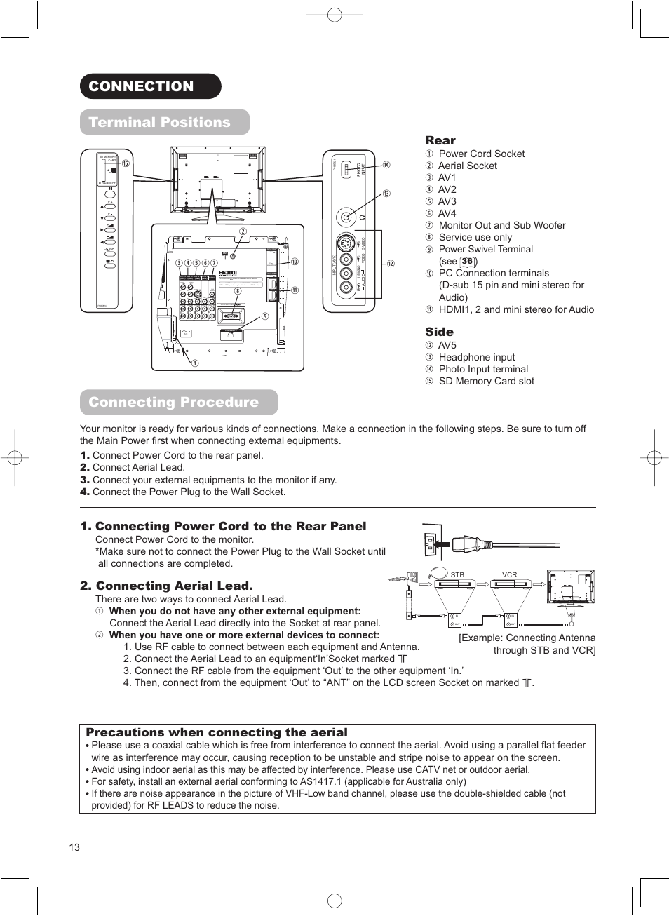 Connection terminal positions, Connecting procedure, Rear | Side, Connecting power cord to the rear panel, Connecting aerial lead, Precautions when connecting the aerial | Hitachi 32LD8800TA User Manual | Page 16 / 63