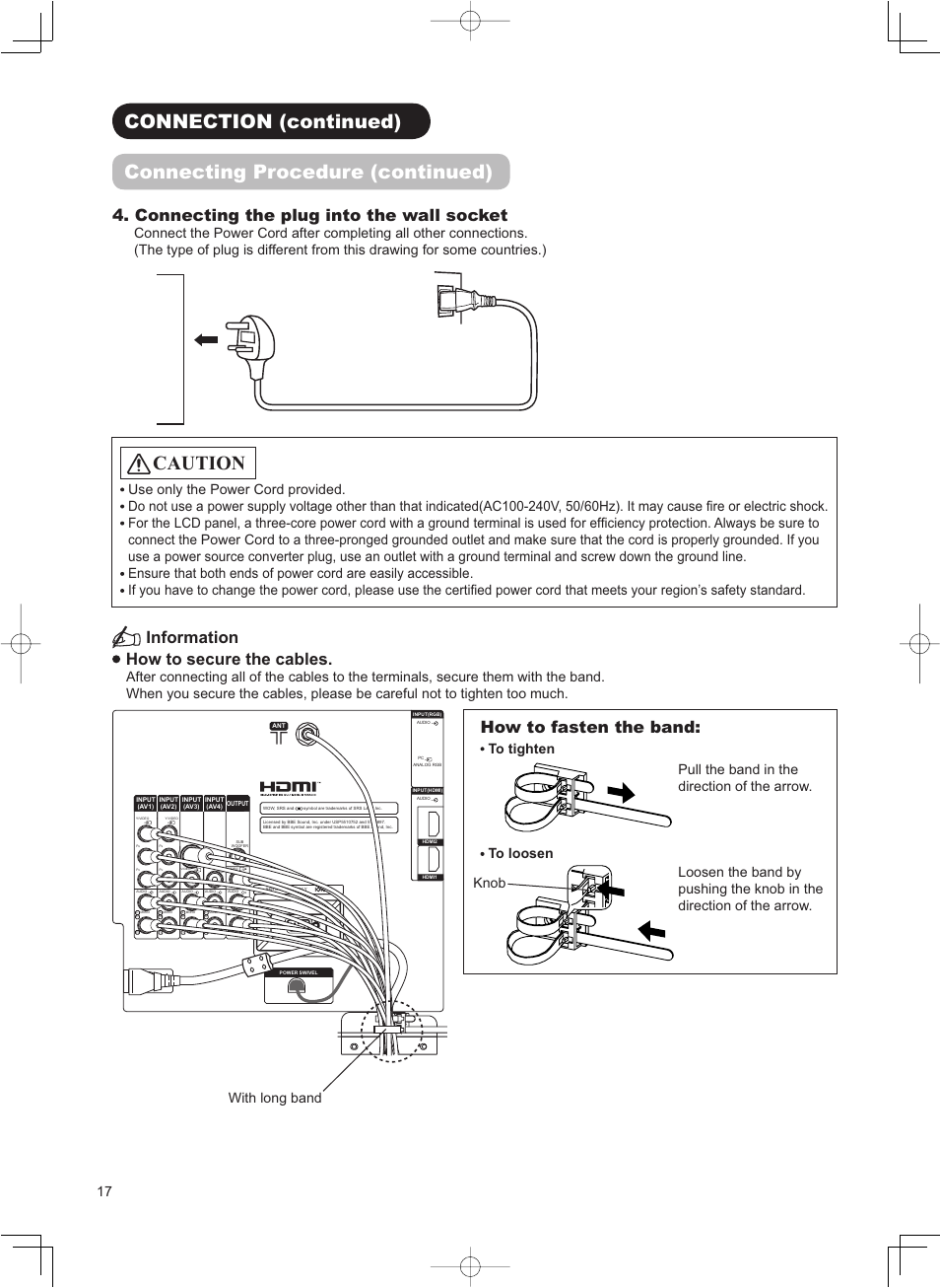 Caution, Connecting the plug into the wall socket, Information how to secure the cables | How to fasten the band | Hitachi 32LD8800TA User Manual | Page 20 / 63