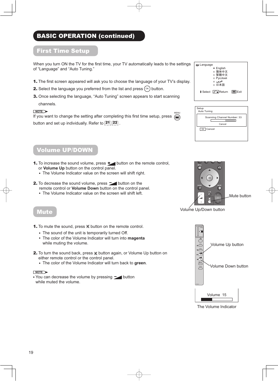 Basic operation (continued) first time setup, Volume up/down, Mute | Hitachi 32LD8800TA User Manual | Page 22 / 63
