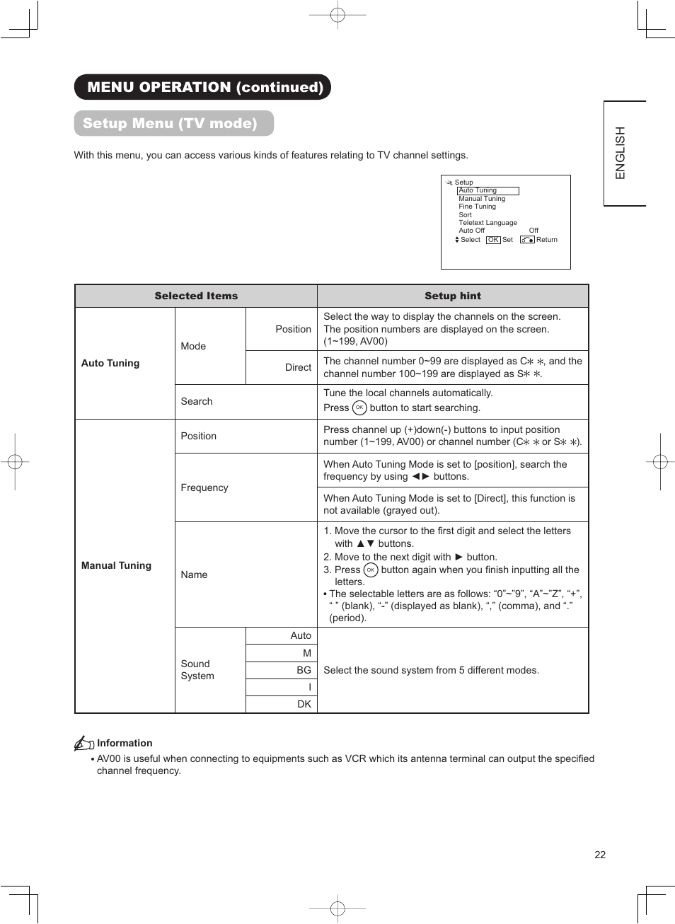 Menu operation (continued) setup menu (tv mode) | Hitachi 32LD8800TA User Manual | Page 25 / 63