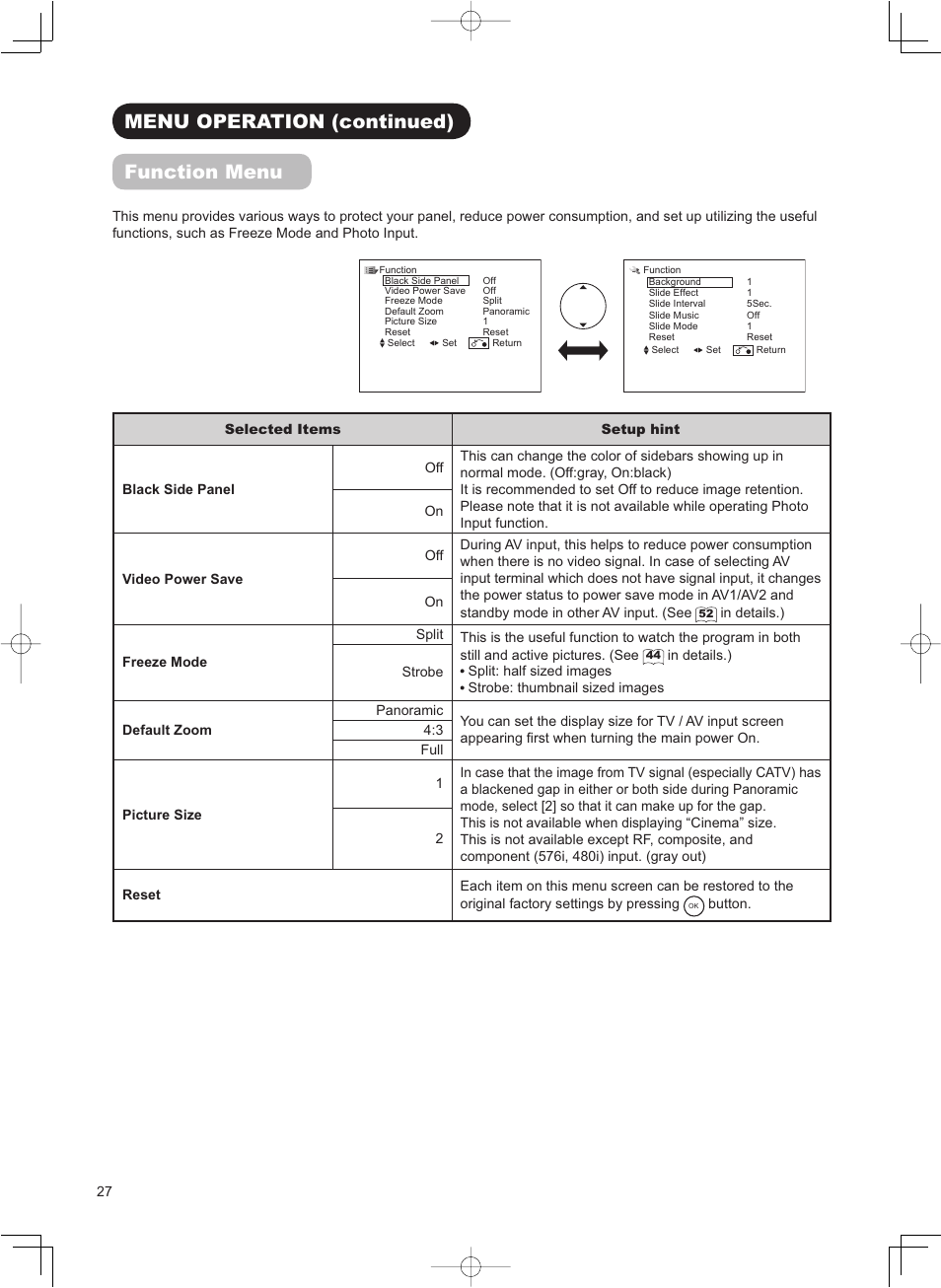 Menu operation (continued) function menu | Hitachi 32LD8800TA User Manual | Page 30 / 63
