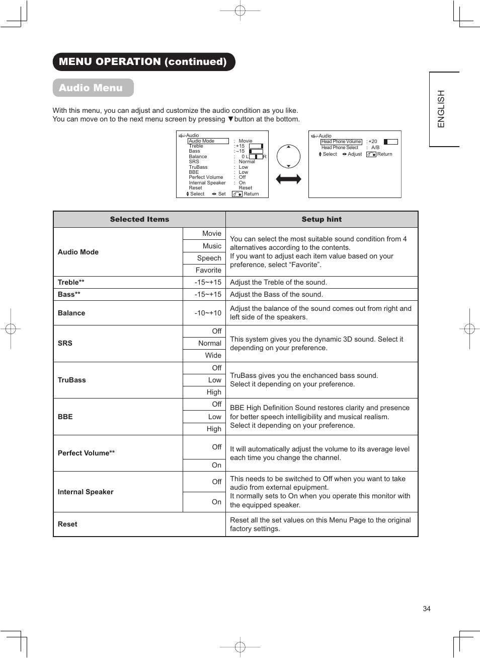 Menu operation (continued) audio menu, English | Hitachi 32LD8800TA User Manual | Page 37 / 63