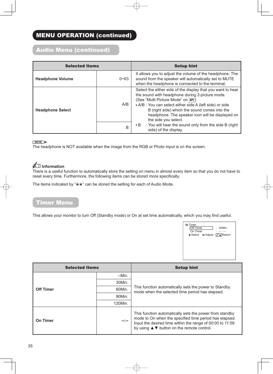 Menu operation (continued) audio menu (continued), Timer menu | Hitachi 32LD8800TA User Manual | Page 38 / 63