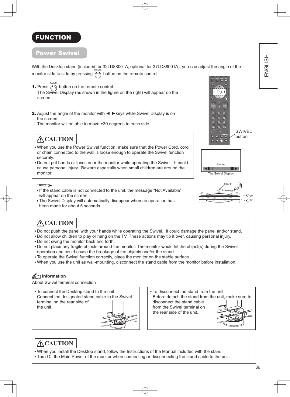 Function power swivel, Caution | Hitachi 32LD8800TA User Manual | Page 39 / 63