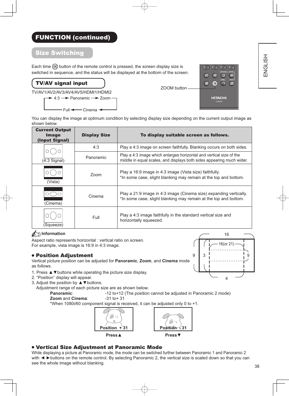 Function (continued) size switching | Hitachi 32LD8800TA User Manual | Page 41 / 63