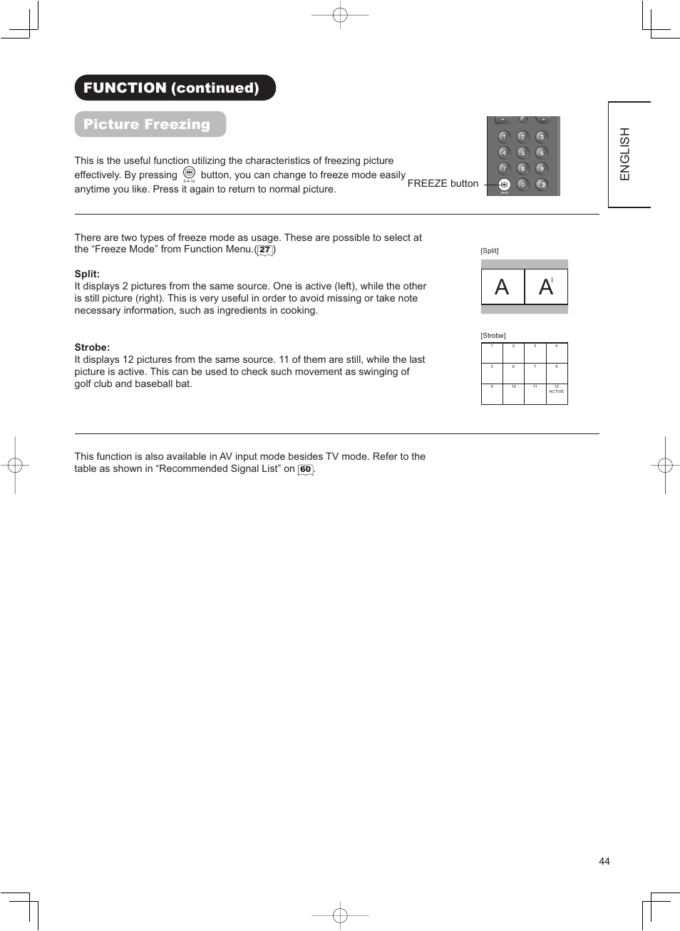 Function (continued) picture freezing, English | Hitachi 32LD8800TA User Manual | Page 47 / 63