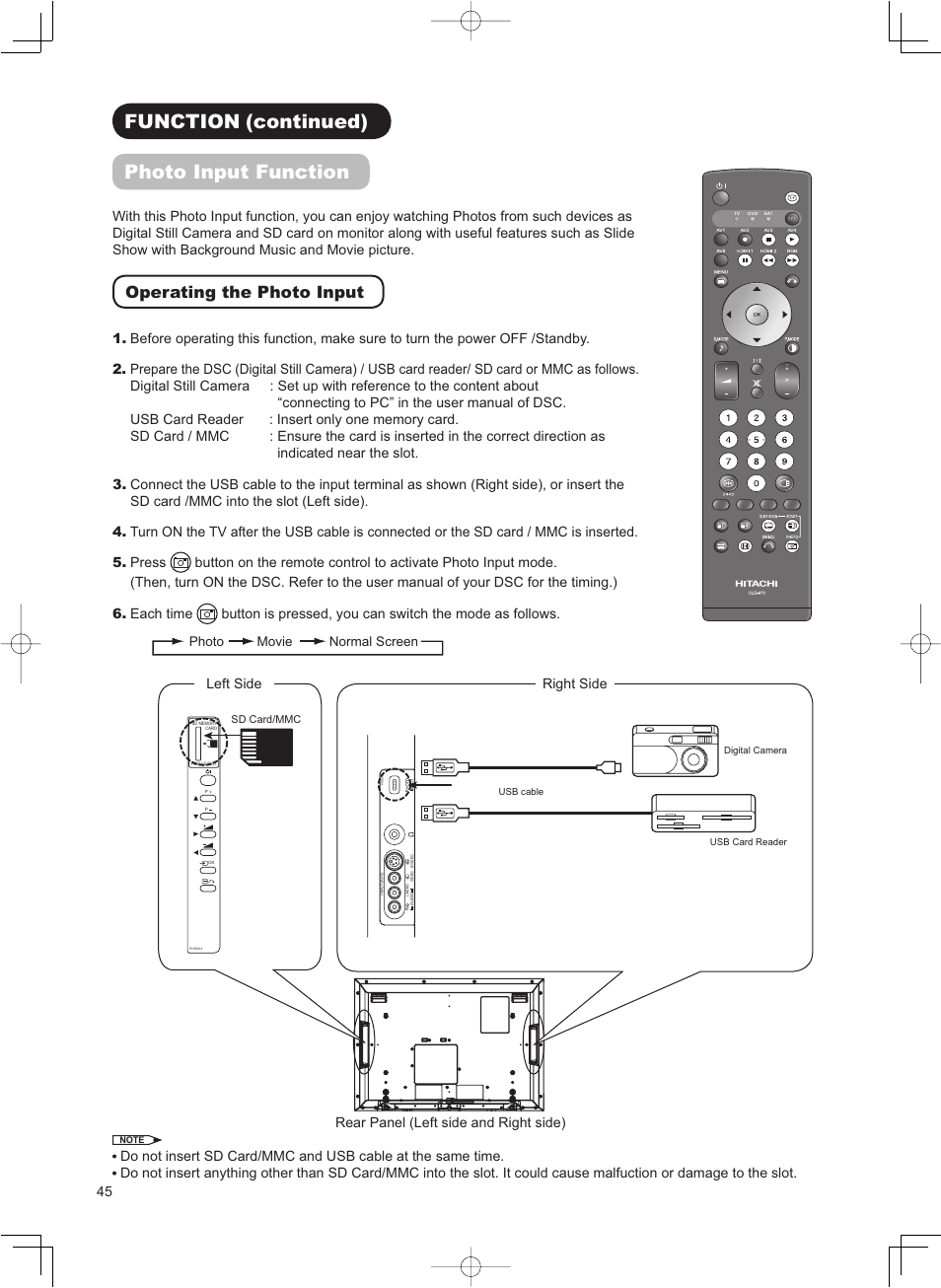 Function (continued) photo input function, Operating the photo input, Rear panel (left side and right side) | Left side, Right side | Hitachi 32LD8800TA User Manual | Page 48 / 63