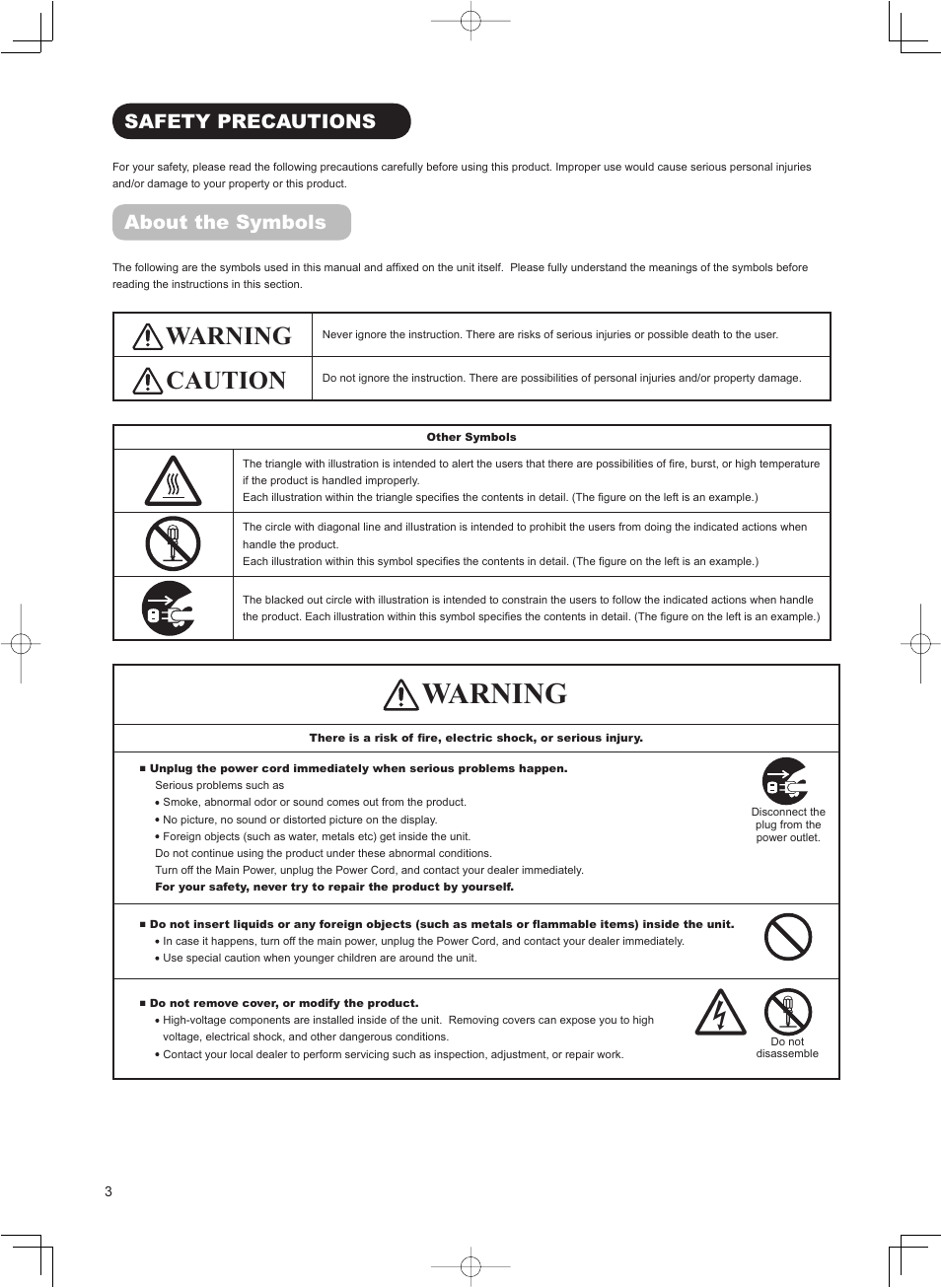 Warning, Caution, Safety precautions | About the symbols | Hitachi 32LD8800TA User Manual | Page 6 / 63