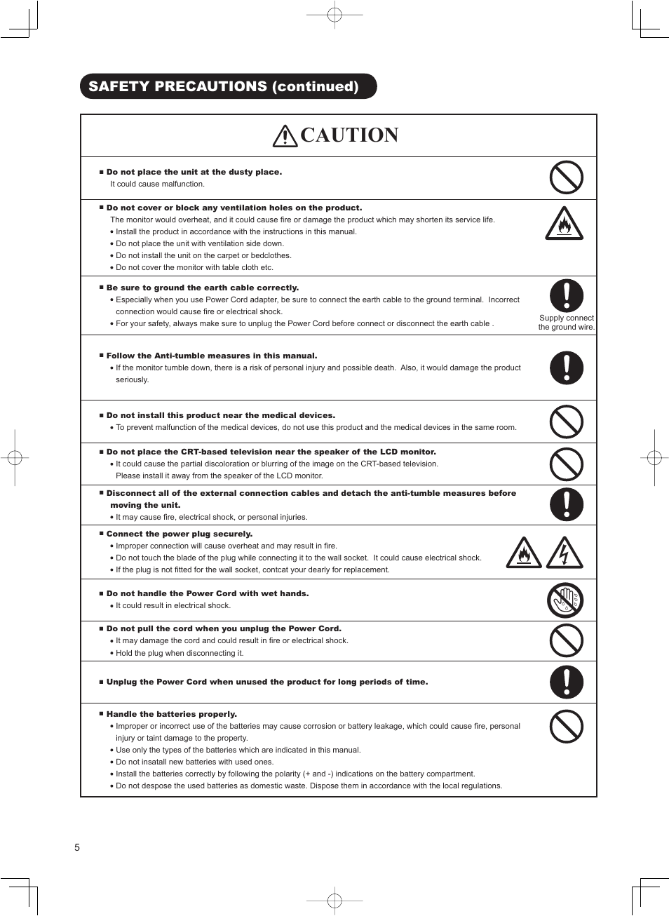 Caution, Safety precautions (continued) | Hitachi 32LD8800TA User Manual | Page 8 / 63