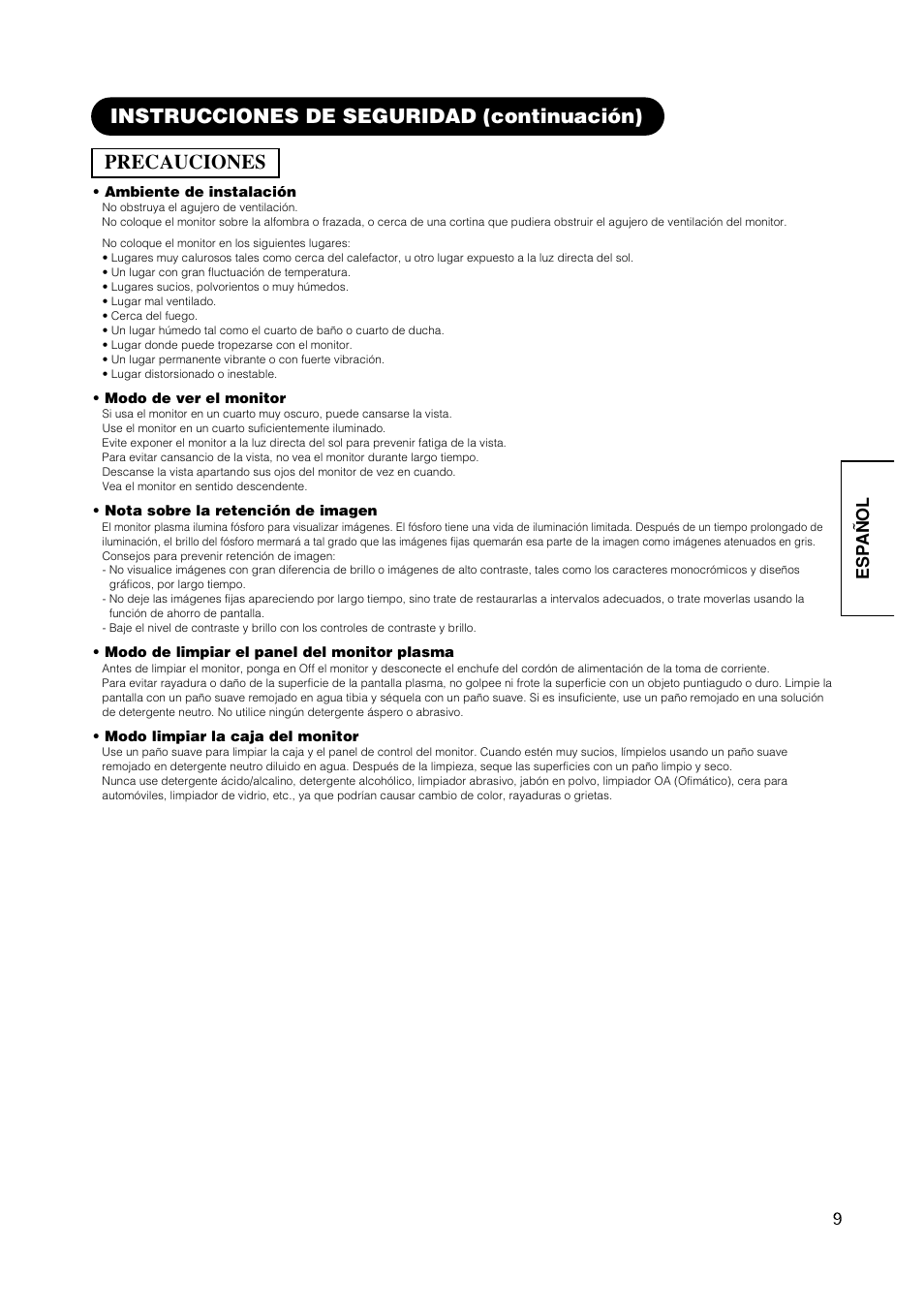 Precauciones, Instrucciones de seguridad (continuación), Esp añol | Hitachi CMP420V2 User Manual | Page 103 / 142