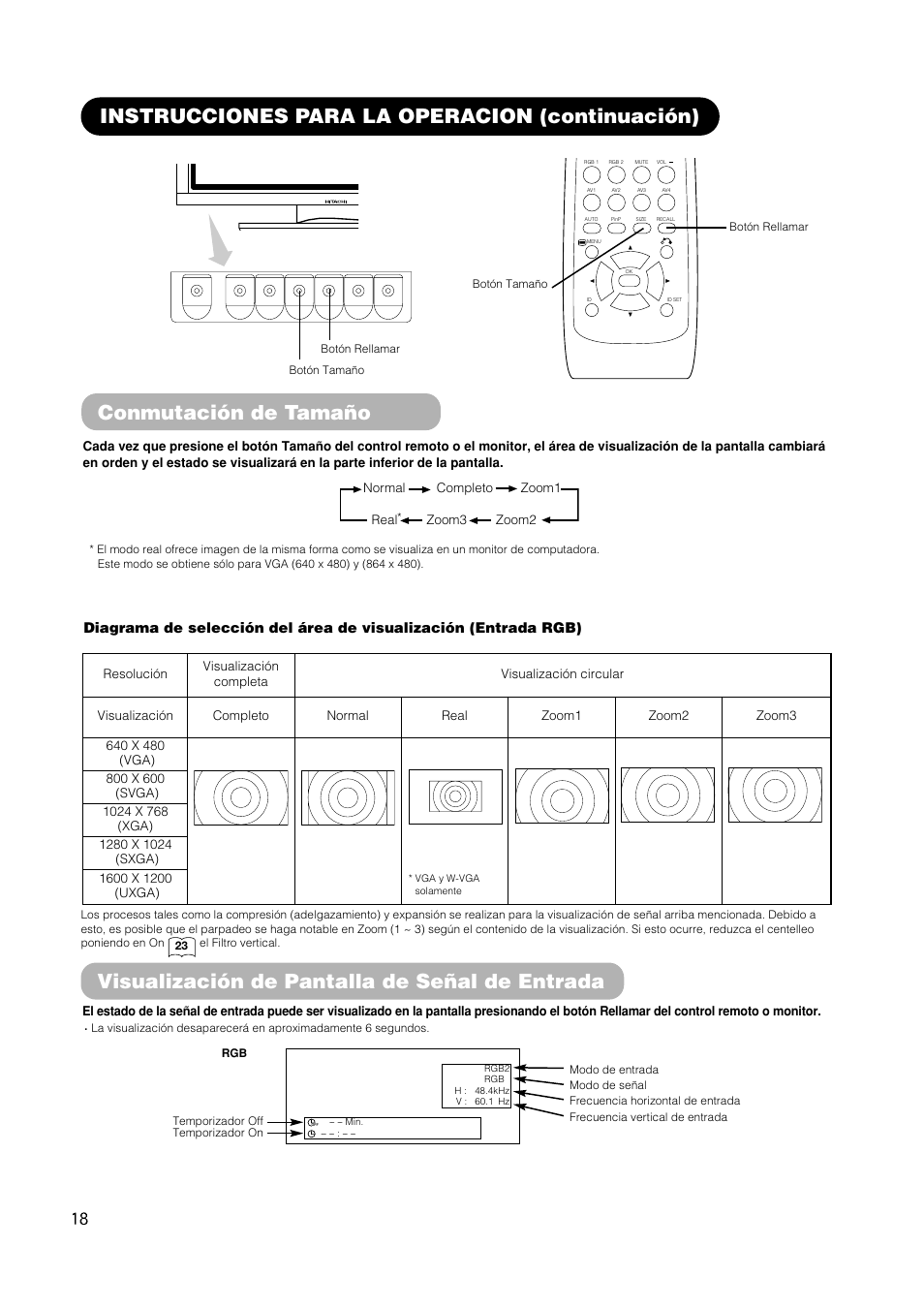 Conmutación de tamaño, Visualización de pantalla de señal de entrada, Instrucciones para la operacion (continuación) | Hitachi CMP420V2 User Manual | Page 112 / 142