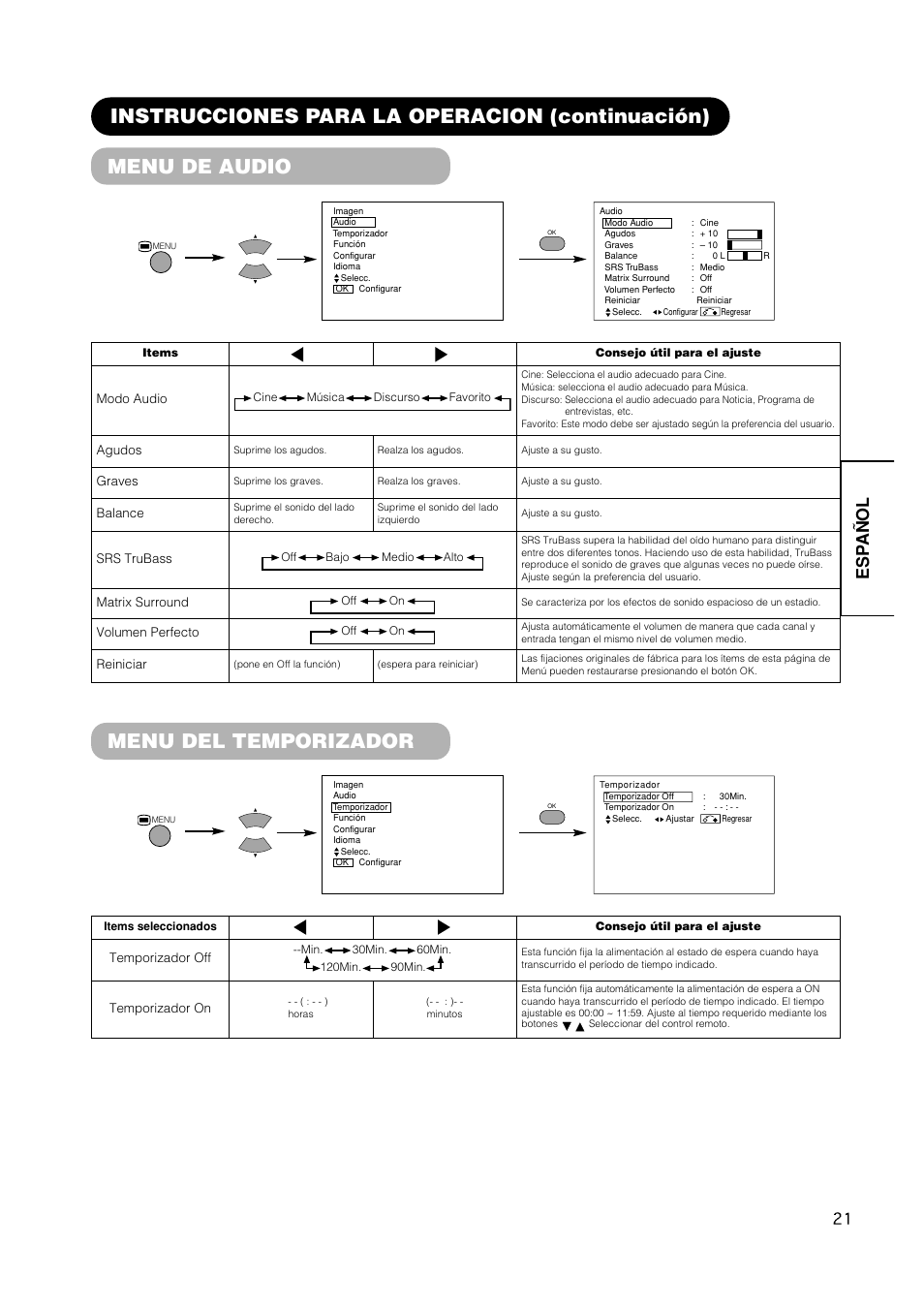 Menu de audio, Menu del temporizador, Instrucciones para la operacion (continuación) | Esp a ñ ol | Hitachi CMP420V2 User Manual | Page 115 / 142