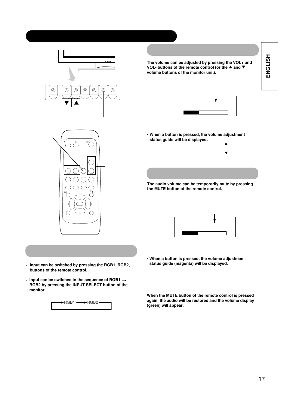 Operating instructions (continued) audio mute, Input switching, Volume adjustment | English, Volume 15 | Hitachi CMP420V2 User Manual | Page 19 / 142