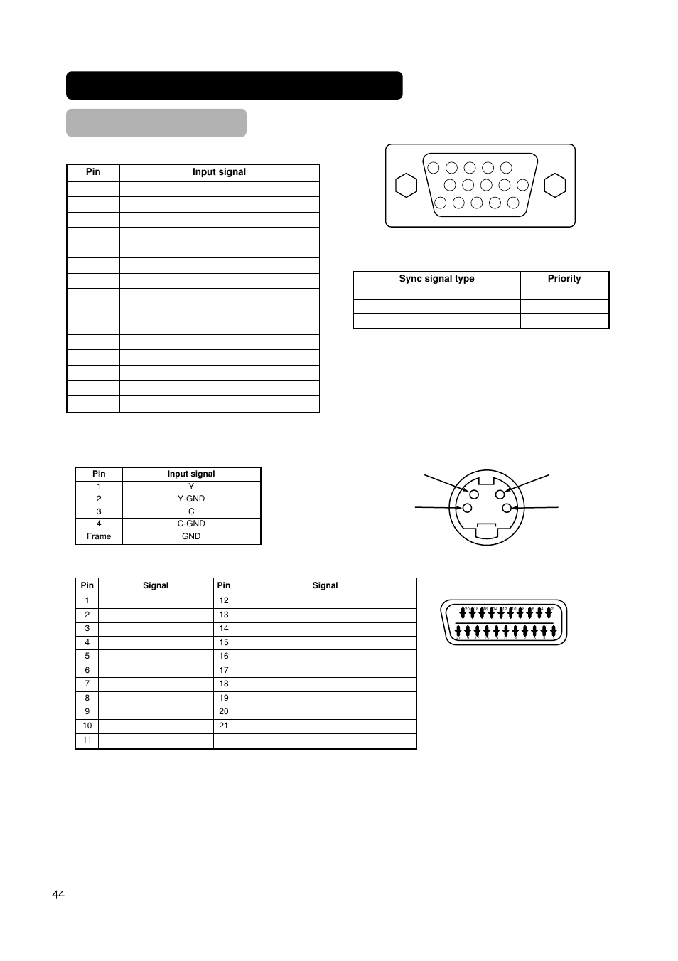 Product specifications (continued) signal input, S-input connector pin specifications, Scart connector pin specifications | Rgb terminal (d-sub 15-pin connector) | Hitachi CMP420V2 User Manual | Page 46 / 142
