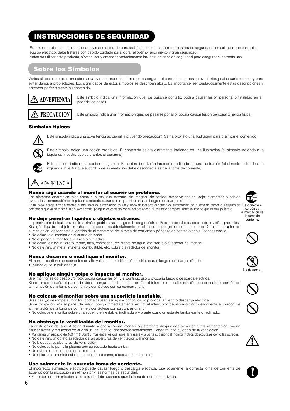 Instrucciones de seguridad, Precaucion, Advertencia | Sobre los símbolos | Hitachi CMP420V1 User Manual | Page 100 / 142