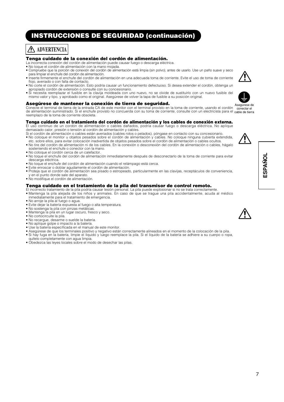 Instrucciones de seguridad (continuación), Advertencia, Esp añol | Hitachi CMP420V1 User Manual | Page 101 / 142