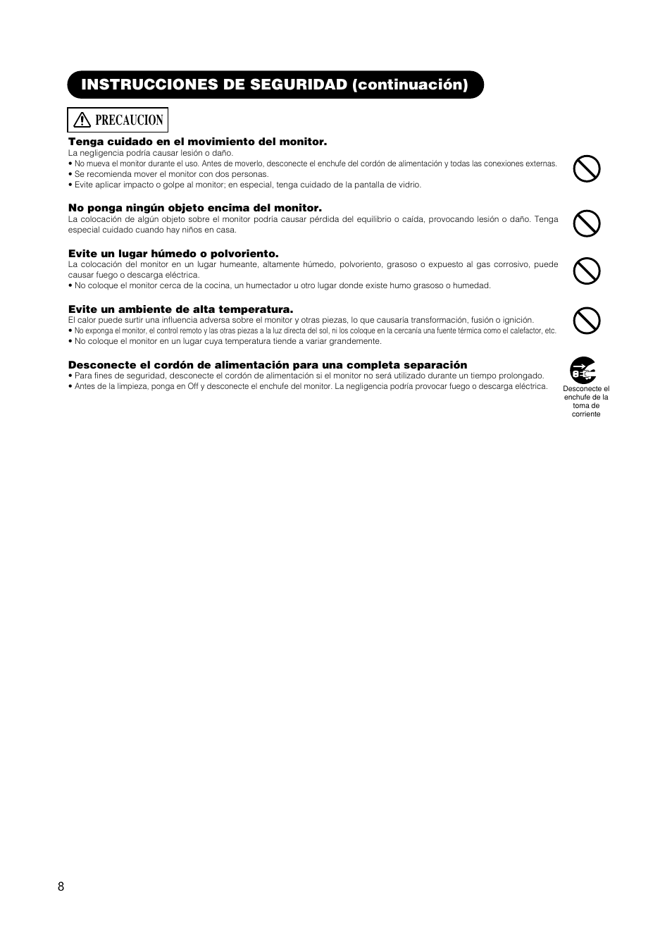 Precaucion, Instrucciones de seguridad (continuación) | Hitachi CMP420V1 User Manual | Page 102 / 142