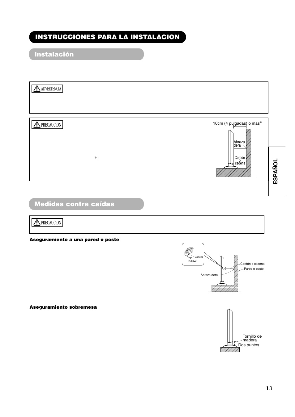 Medidas contra caídas, Instrucciones para la instalacion instalación, Esp añol | Precaucion, Advertencia | Hitachi CMP420V1 User Manual | Page 107 / 142