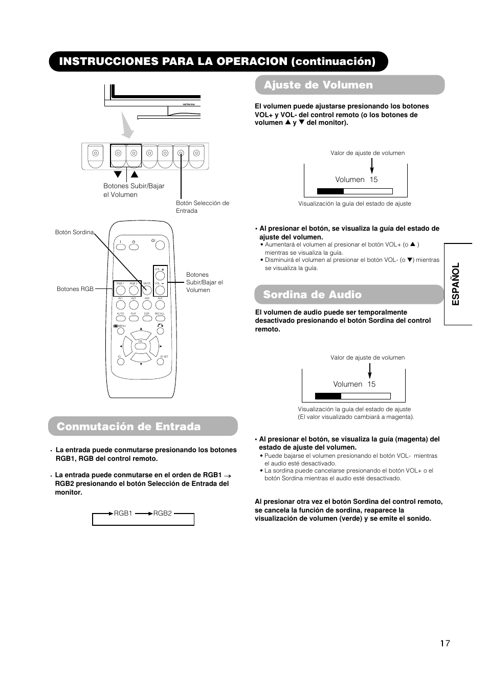 Conmutación de entrada, Ajuste de volumen, Esp añol | Hitachi CMP420V1 User Manual | Page 111 / 142