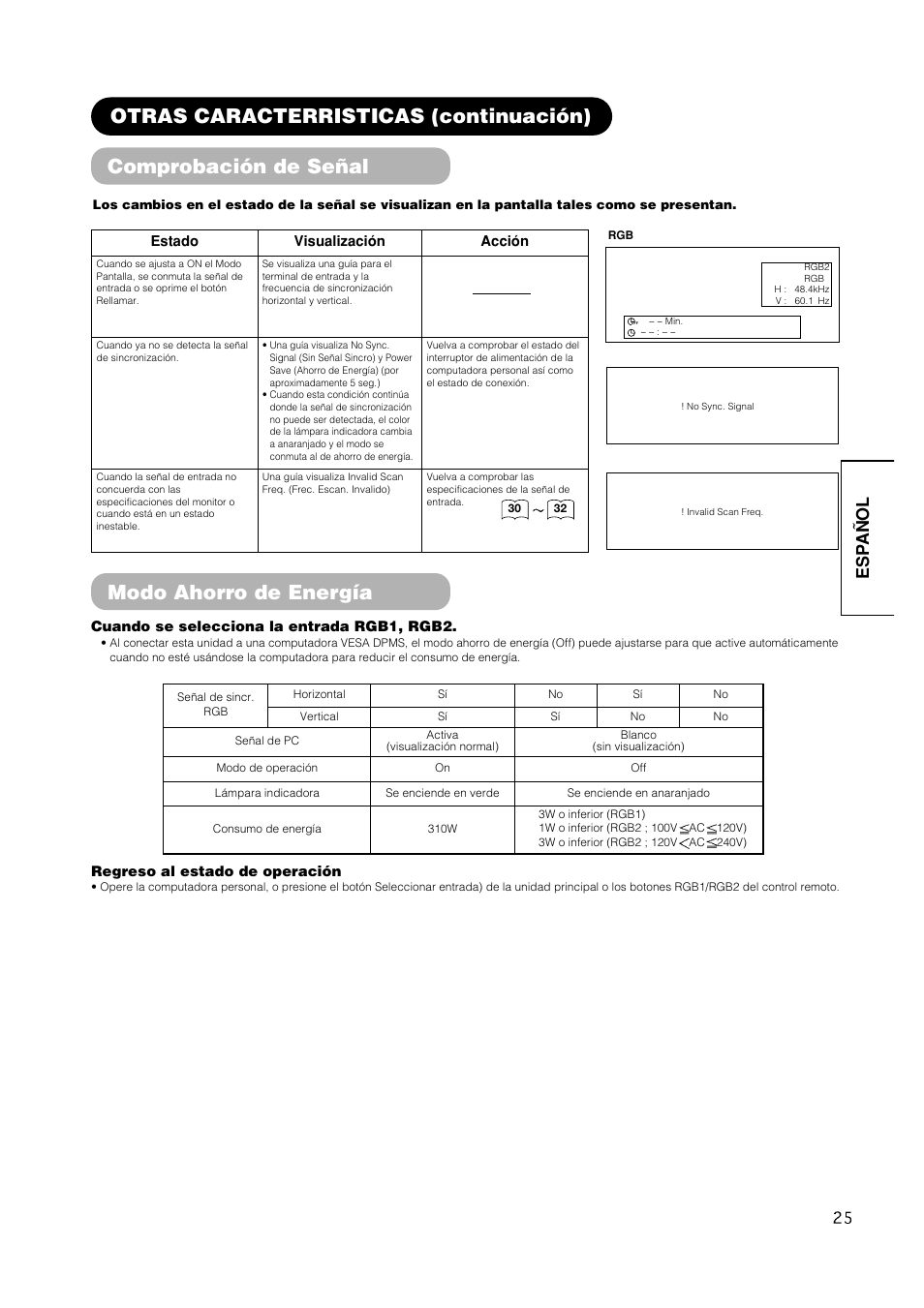 Comprobación de señal, Otras caracterristicas (continuación), Modo ahorro de energía | Esp a ñ ol | Hitachi CMP420V1 User Manual | Page 119 / 142
