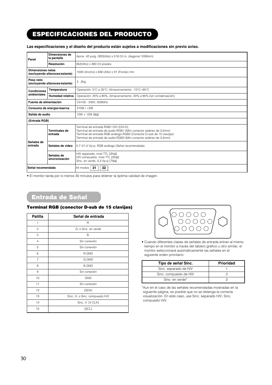 Especificaciones del producto, Entrada de señal | Hitachi CMP420V1 User Manual | Page 124 / 142