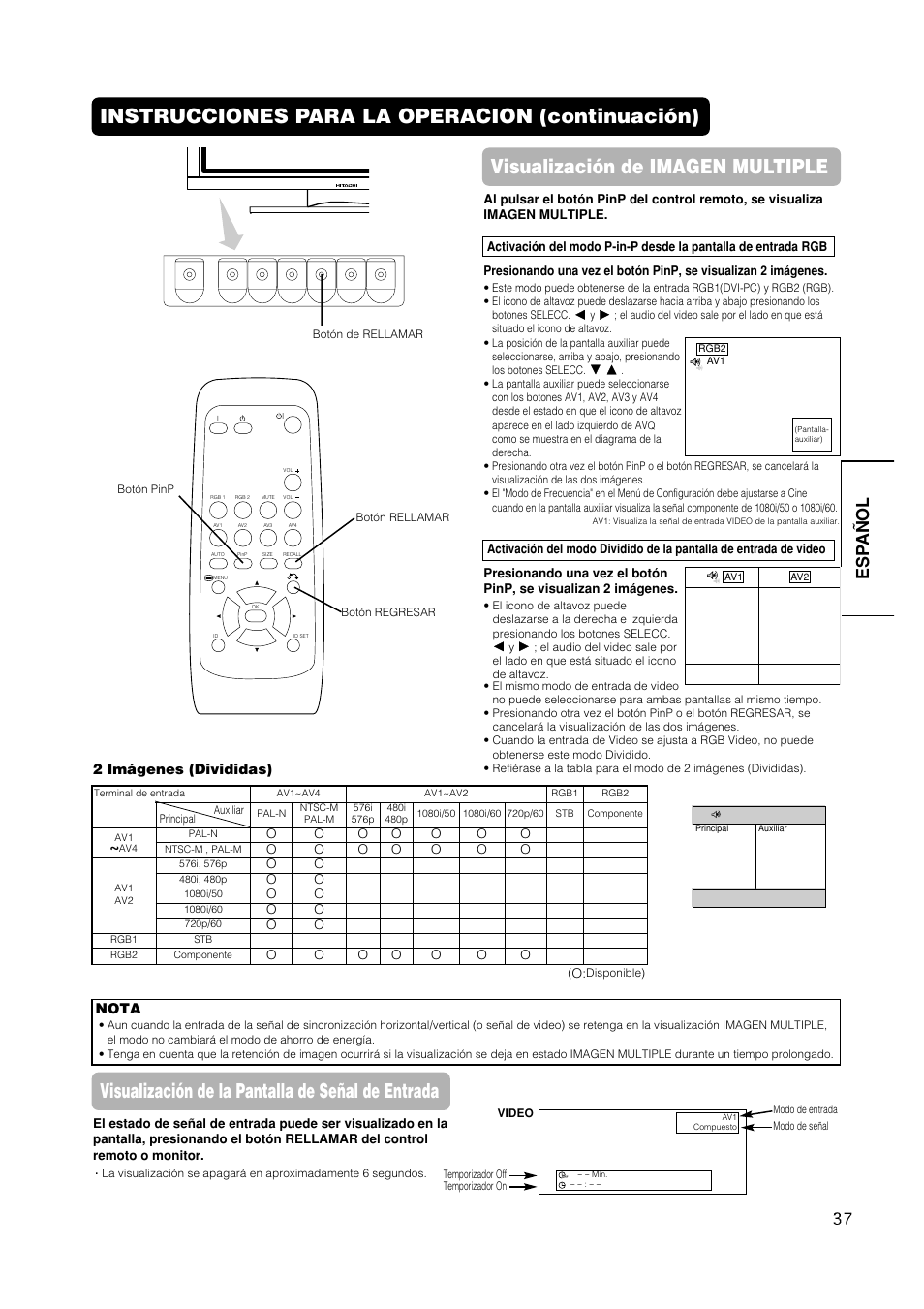 Visualización de la pantalla de señal de entrada, Esp a ñ ol | Hitachi CMP420V1 User Manual | Page 131 / 142