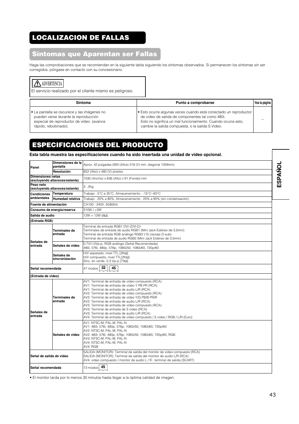 Especificaciones del producto, Esp a ñ ol, Advertencia | Hitachi CMP420V1 User Manual | Page 137 / 142