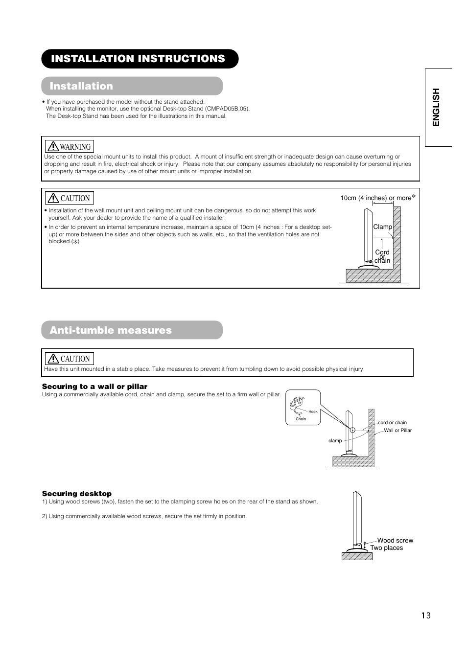 Anti-tumble measures, Installation instructions installation, English | Caution, Warning | Hitachi CMP420V1 User Manual | Page 15 / 142