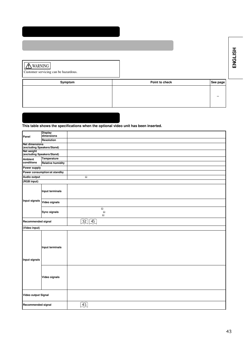 Product specifications, English, Warning | Hitachi CMP420V1 User Manual | Page 45 / 142