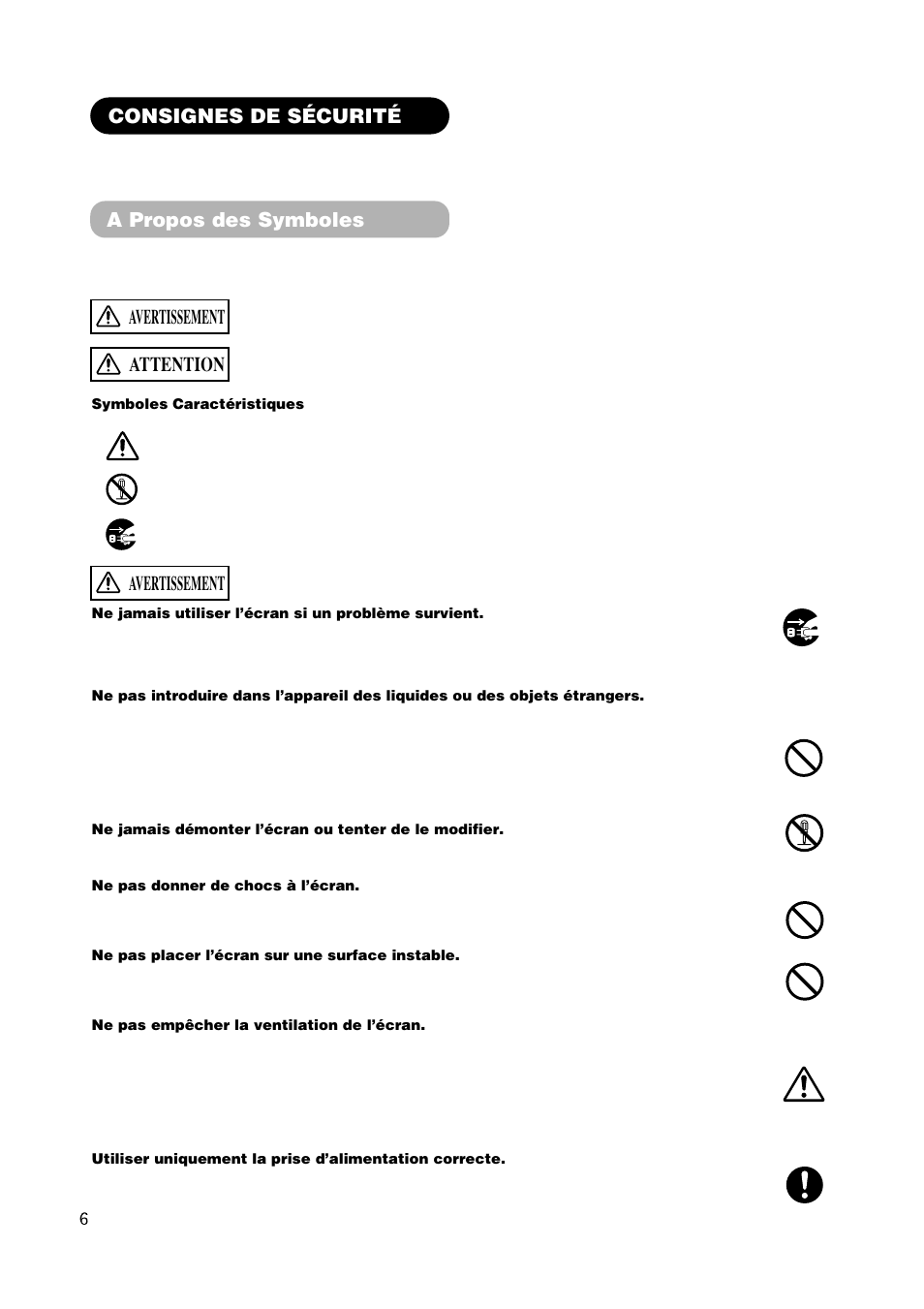 Consignes de sécurité, Attention, Avertissement | A propos des symboles | Hitachi CMP420V1 User Manual | Page 54 / 142