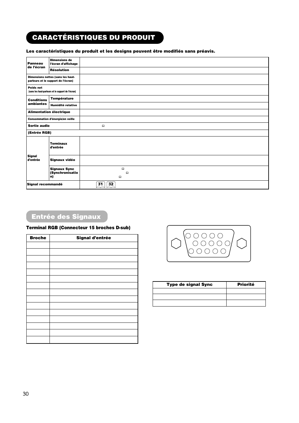 Caractéristiques du produit, Entrée des signaux, Terminal rgb (connecteur 15 broches d-sub) | Hitachi CMP420V1 User Manual | Page 78 / 142