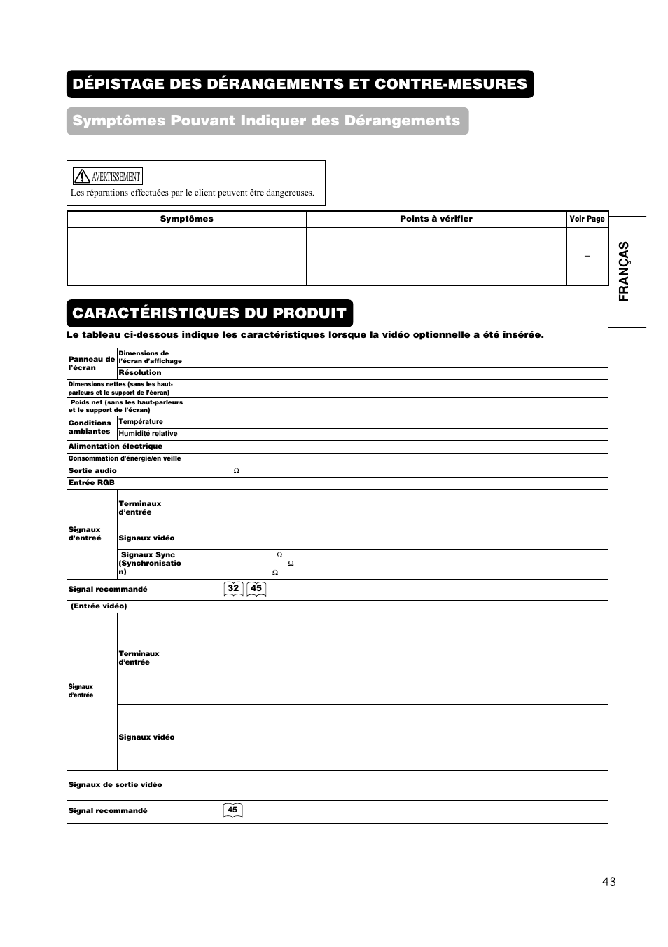 Caractéristiques du produit, Fran ç as, Avertissement | Hitachi CMP420V1 User Manual | Page 91 / 142