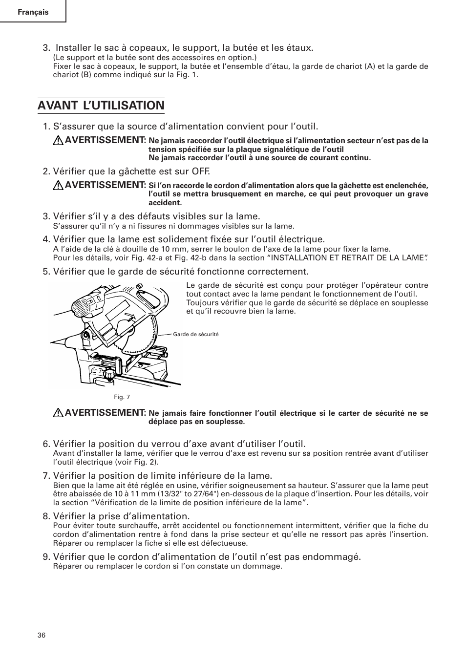 Avant l’utilisation | Hitachi C 10FS User Manual | Page 36 / 84