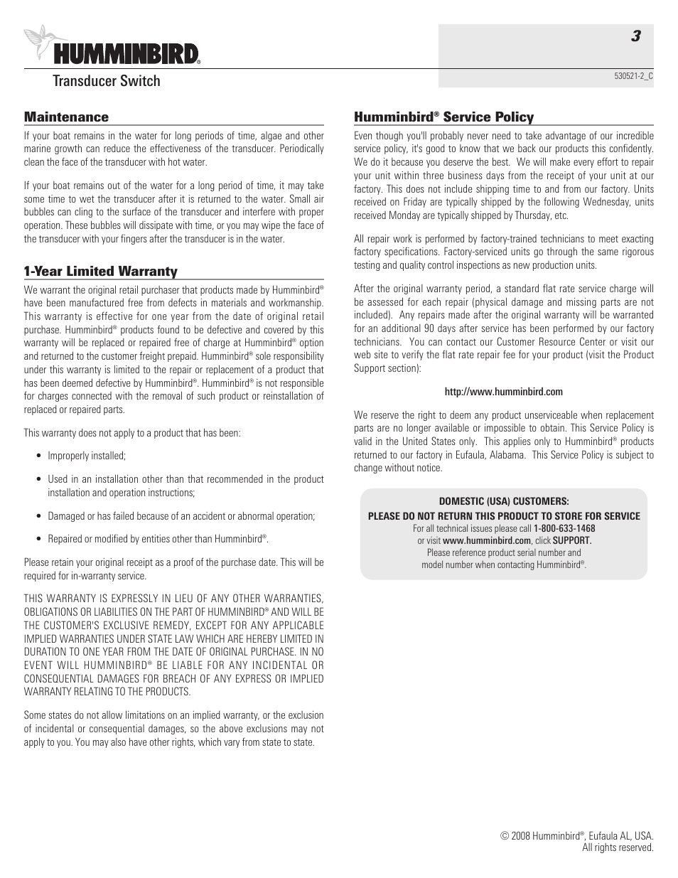 Transducer switch 3, Maintenance, Year limited warranty | Humminbird® service policy | Humminbird 530521-2_C User Manual | Page 3 / 4