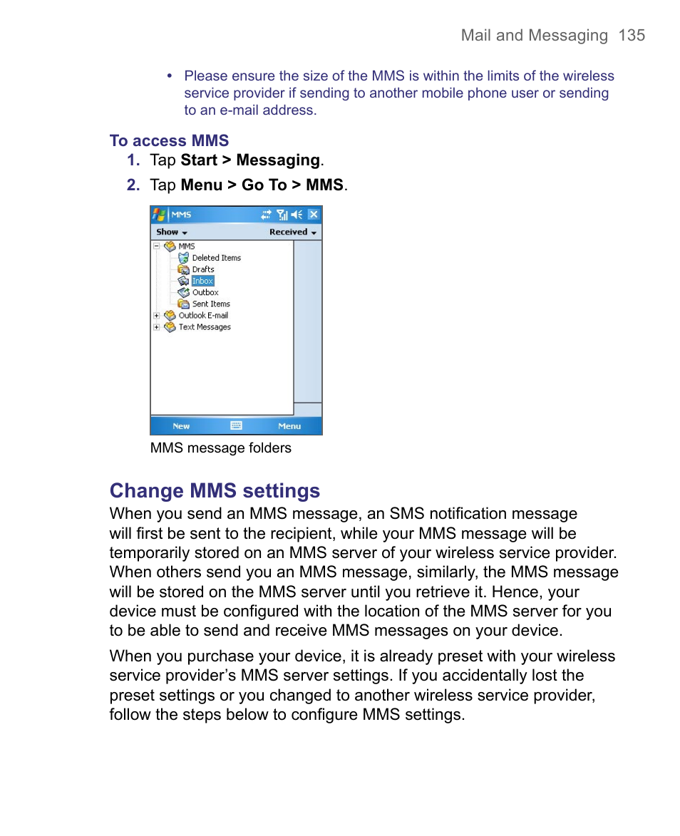 Change mms settings | HTC 8500 User Manual | Page 135 / 212