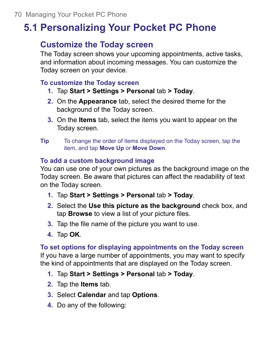 1 personalizing your pocket pc phone, Customize the today screen | HTC 8500 User Manual | Page 70 / 212